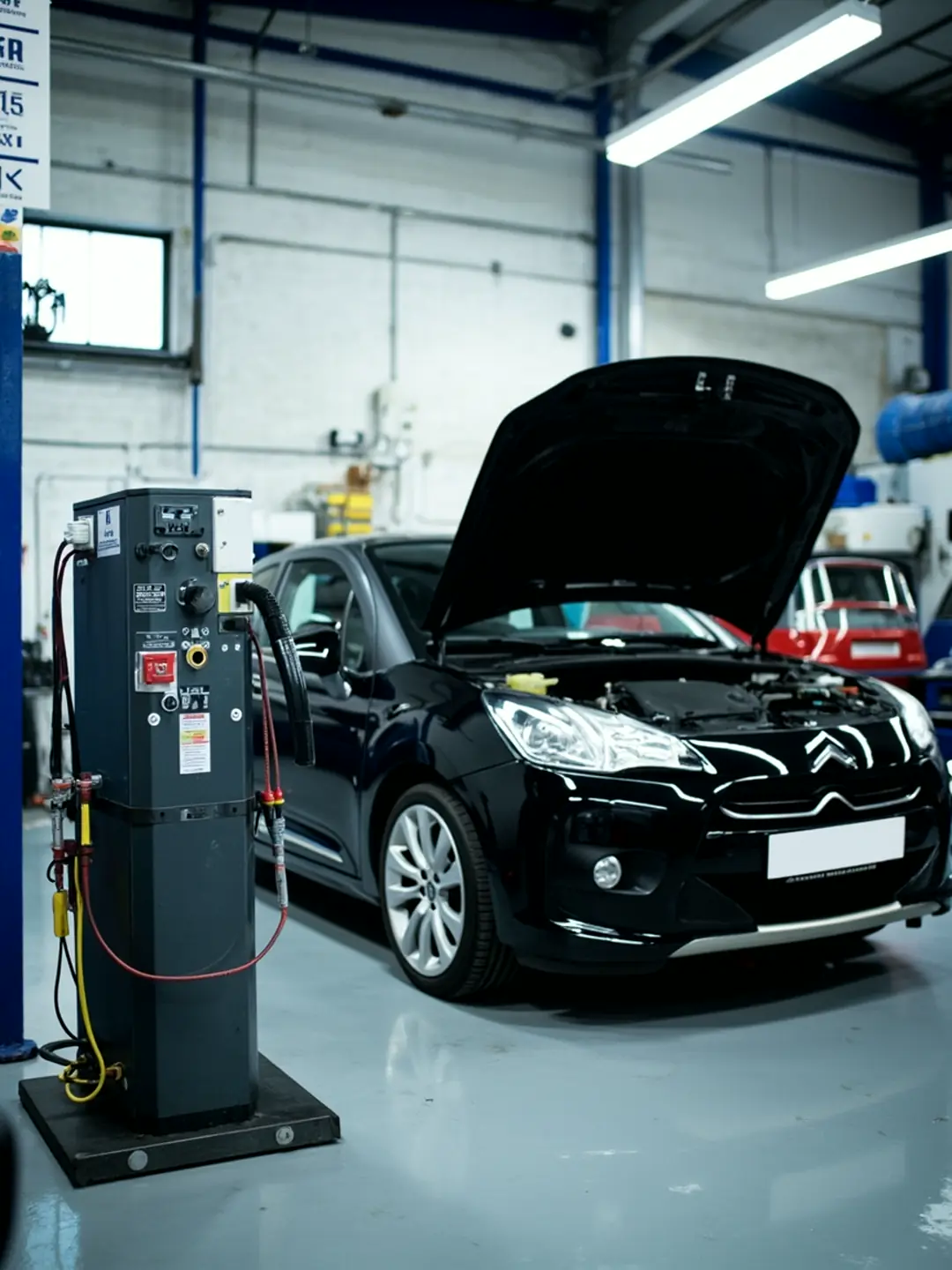 An air conditioning recharge station beside a car with its bonnet open, gauges and hoses visible.