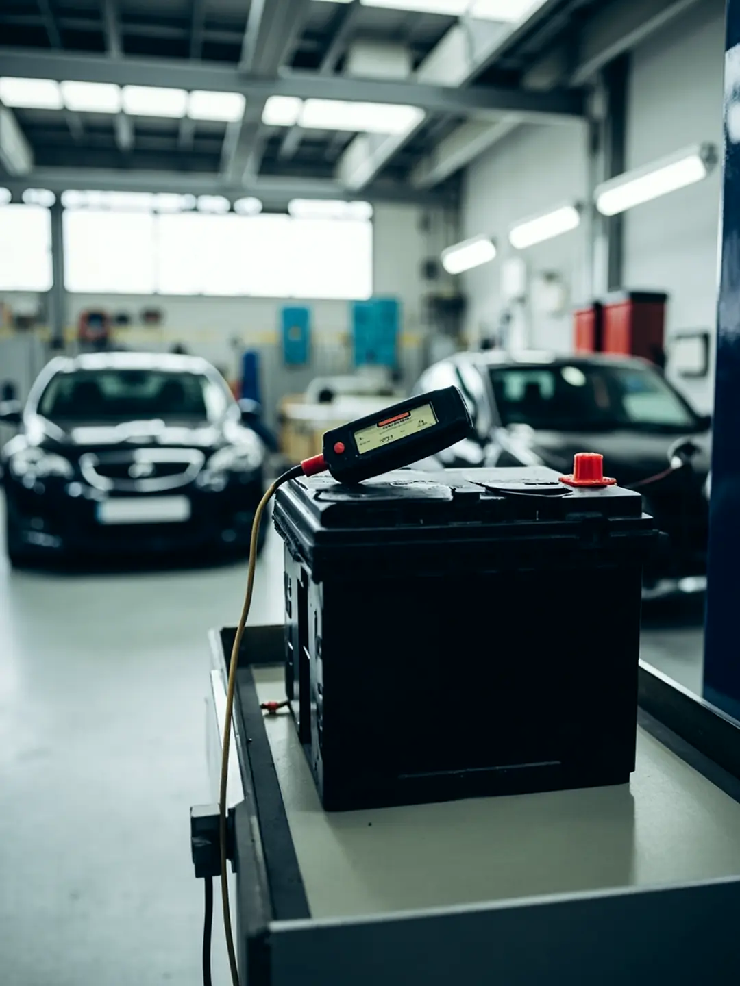 A car battery on a clean workbench with a tester clamped to its terminals, in a bright workshop.
