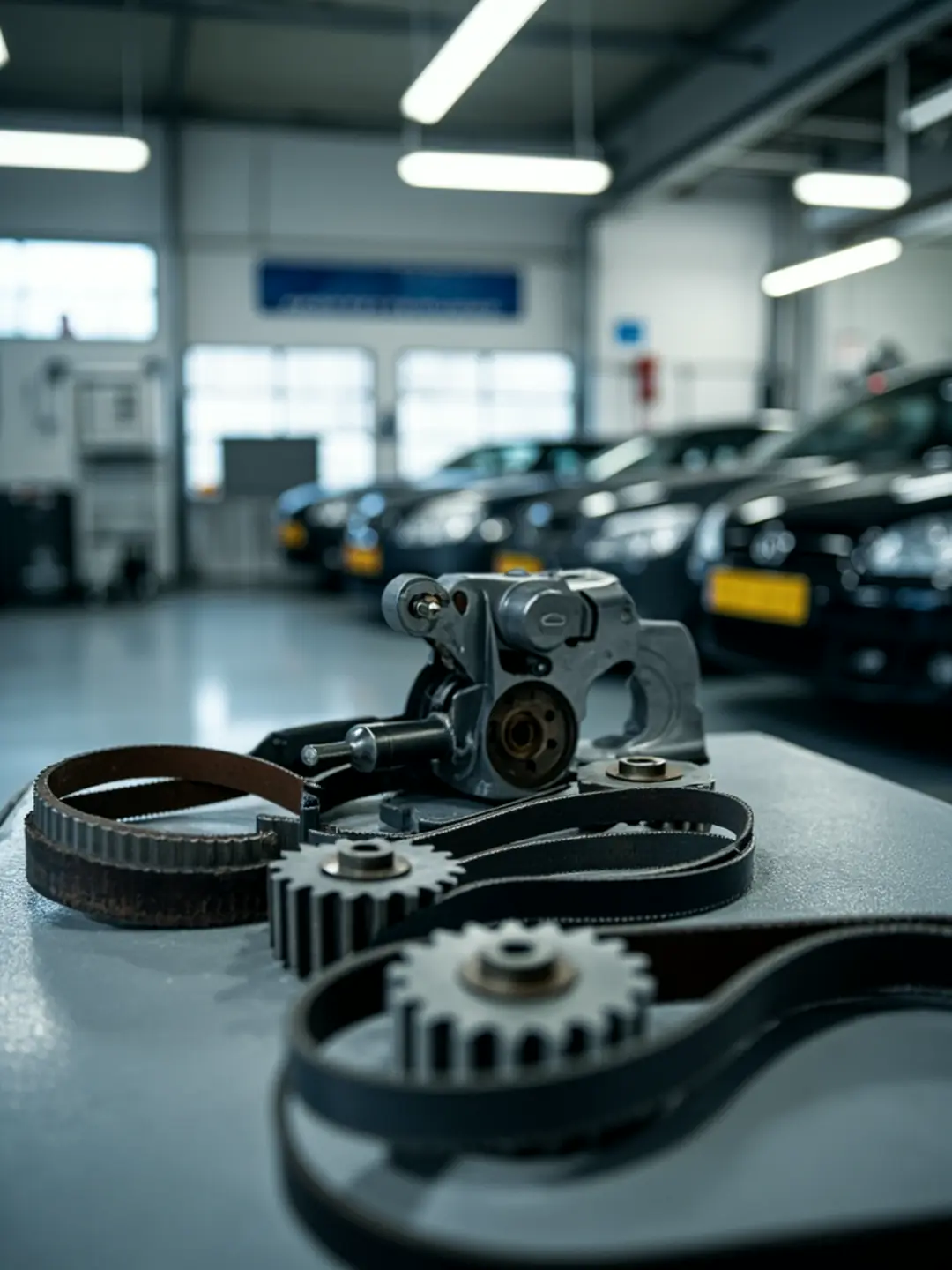 A timing belt, toothed pulleys and a tension tool laid out on a clean workbench in a bright workshop.