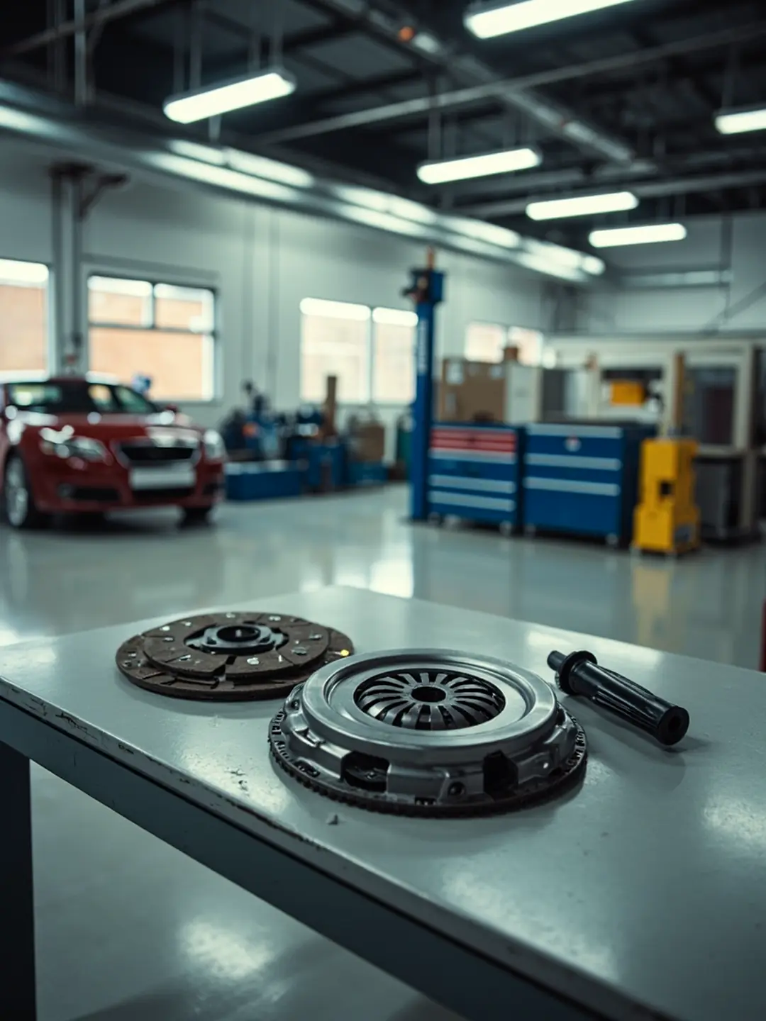 A clutch disc, pressure plate and flywheel laid out on a clean workbench in a bright workshop.