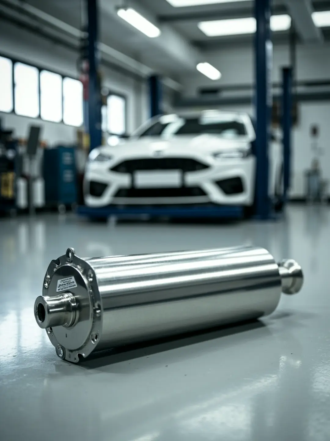 A stainless steel diesel particulate filter on a clean workbench in a bright workshop, with a car on a lift behind.