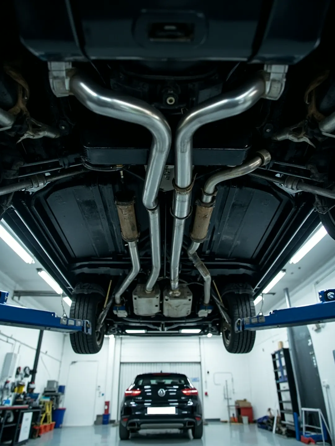The underside of a car on a lift showing a stainless exhaust system running its full length.
