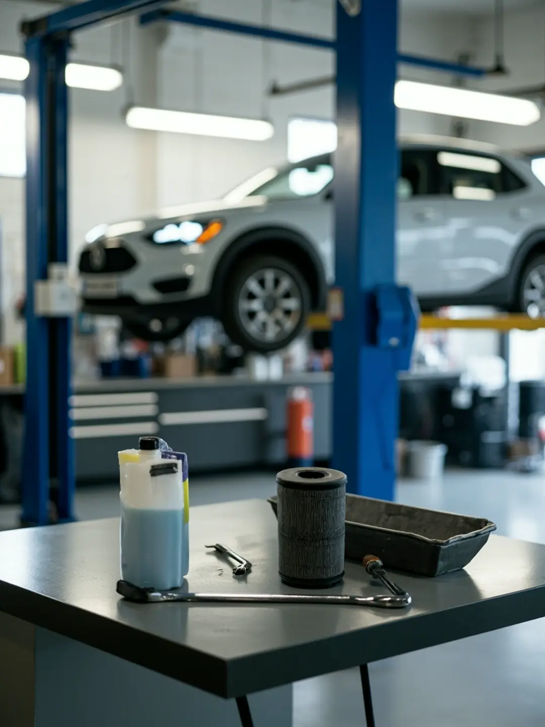 A workbench with an oil filter, a bottle of engine oil, a drain pan and a torque wrench, with cars on lifts behind.