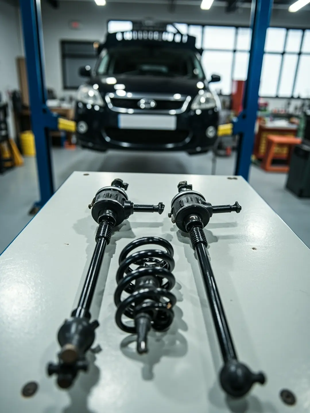 A steering rack with track rod ends and a coil spring laid out on a clean workbench in a bright workshop.