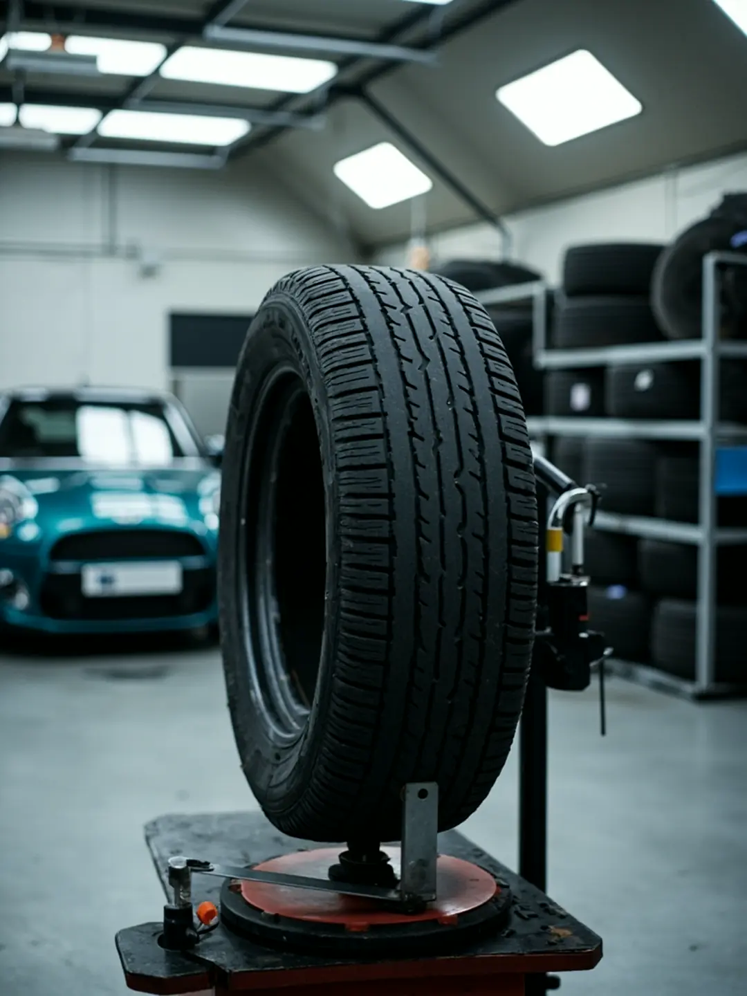 A car tyre on a tyre-changing machine in a bright workshop, with racked tyres behind.